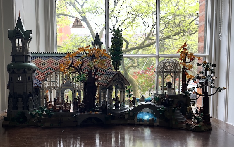 LEGO Rivendell in front of a window.